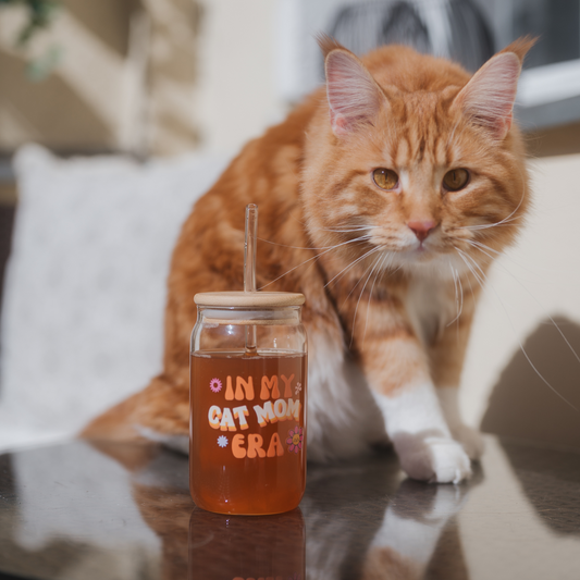 Trinkglas mit Bambusdeckel "Cat Mom Era"